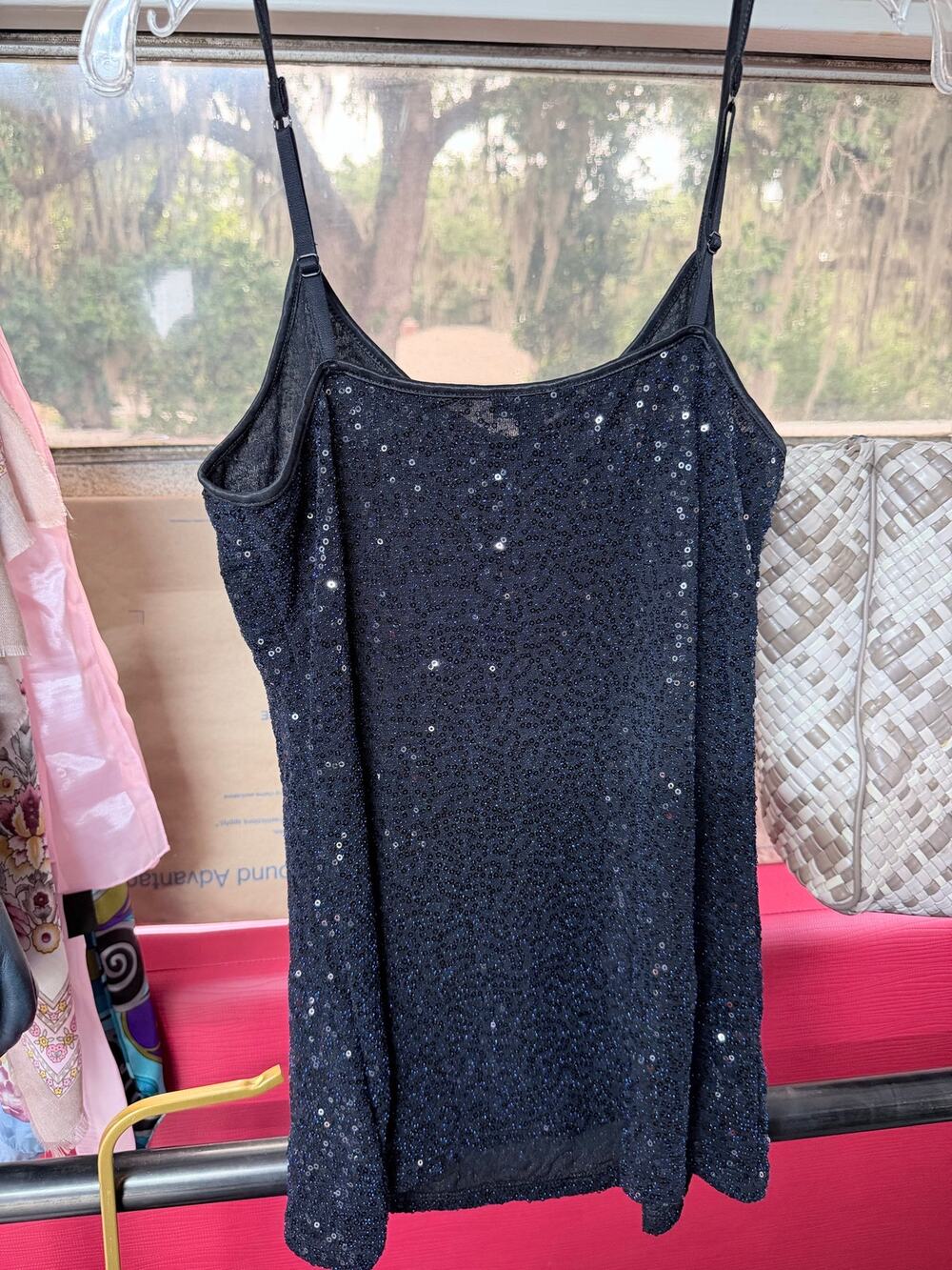 Express Navy Sequin Cami Top Adjustable Spaghetti Strap Size Small ✨